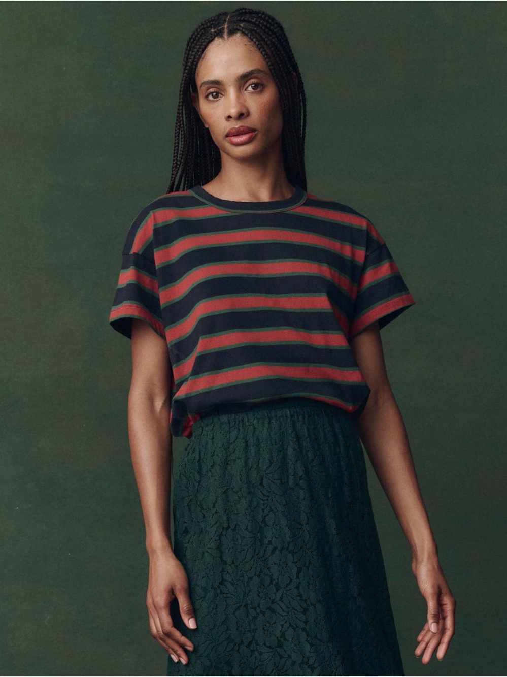 THE GREAT. THE BOXY CREW NAVY BRIDLE STRIPE t shirt
